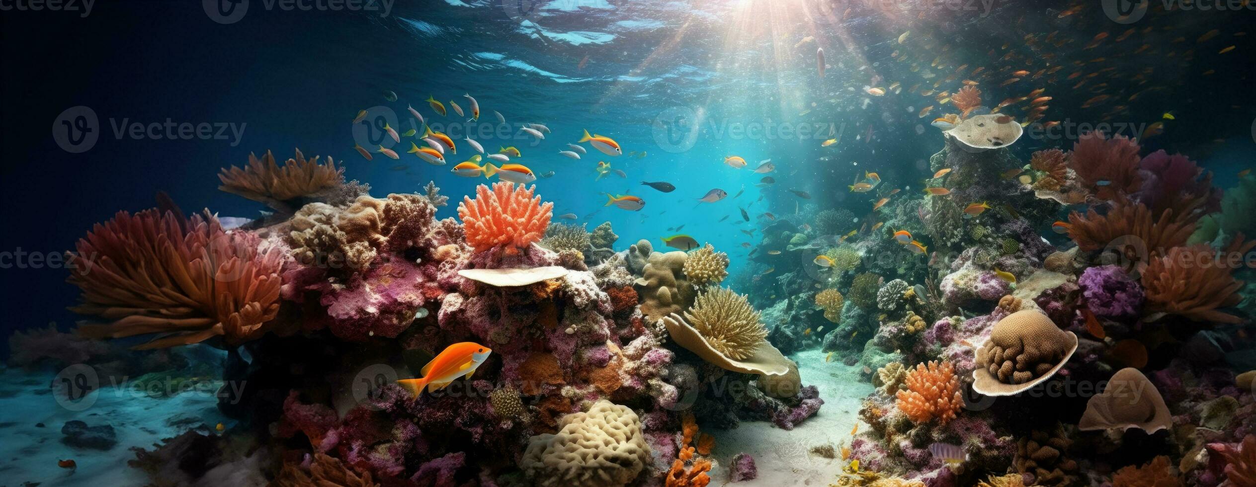 AI Generated Tropical sea underwater fishes on coral reef. Aquarium oceanarium wildlife colorful marine panorama landscape nature snorkel diving. AI Generative. photo