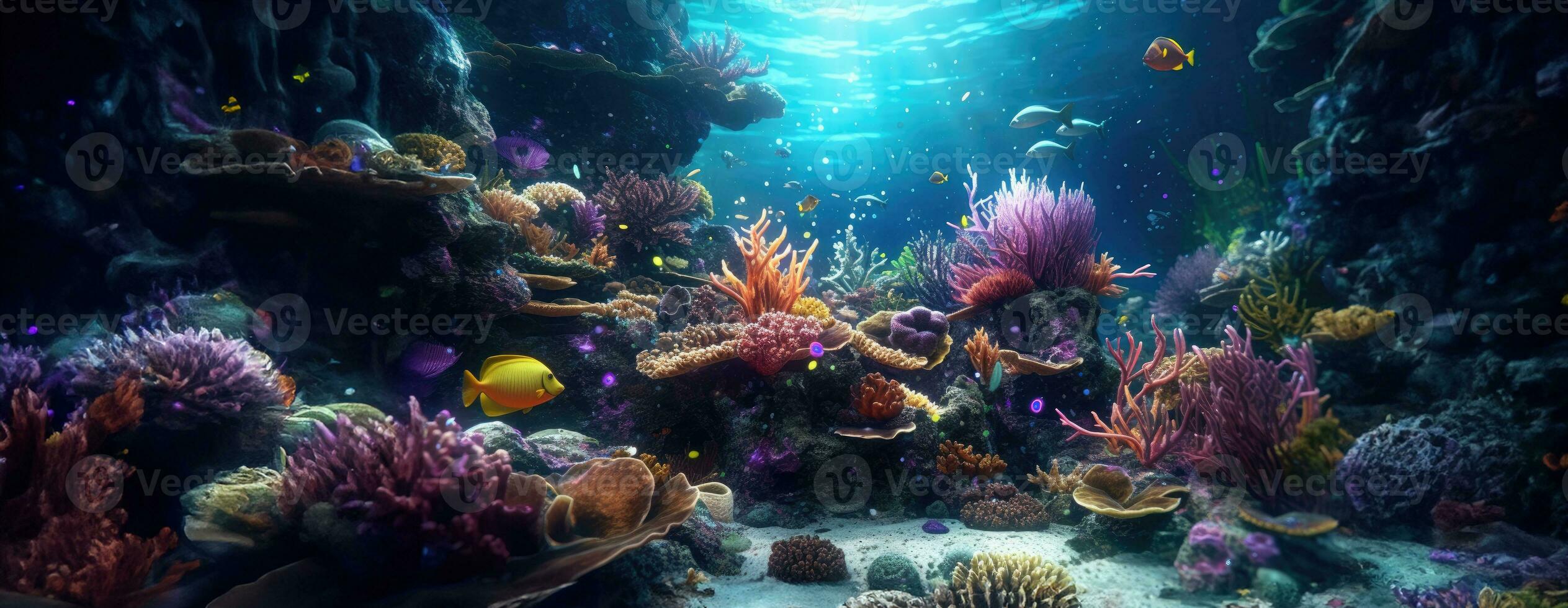 AI Generated Tropical sea underwater fishes on coral reef. Aquarium oceanarium wildlife colorful marine panorama landscape nature snorkel diving. AI Generative. photo