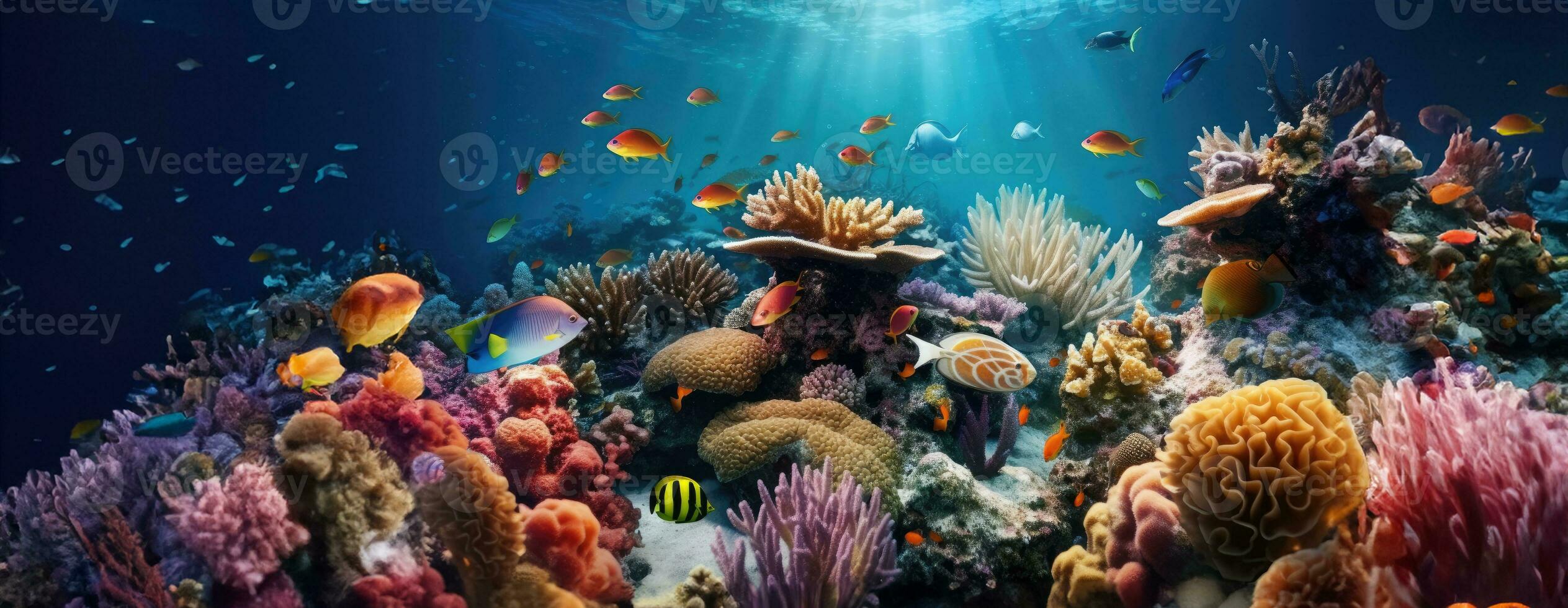 AI Generated Tropical sea underwater fishes on coral reef. Aquarium oceanarium wildlife colorful marine panorama landscape nature snorkel diving. AI Generative. photo