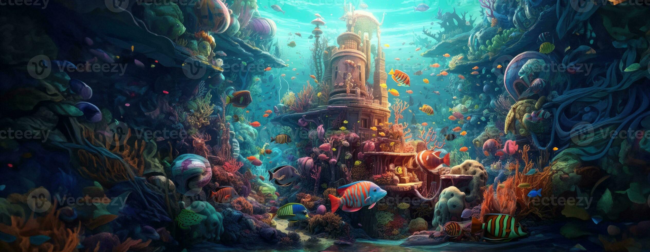 AI Generated Tropical sea underwater fishes on coral reef. Aquarium oceanarium wildlife colorful marine panorama landscape nature snorkel diving. AI Generative. photo