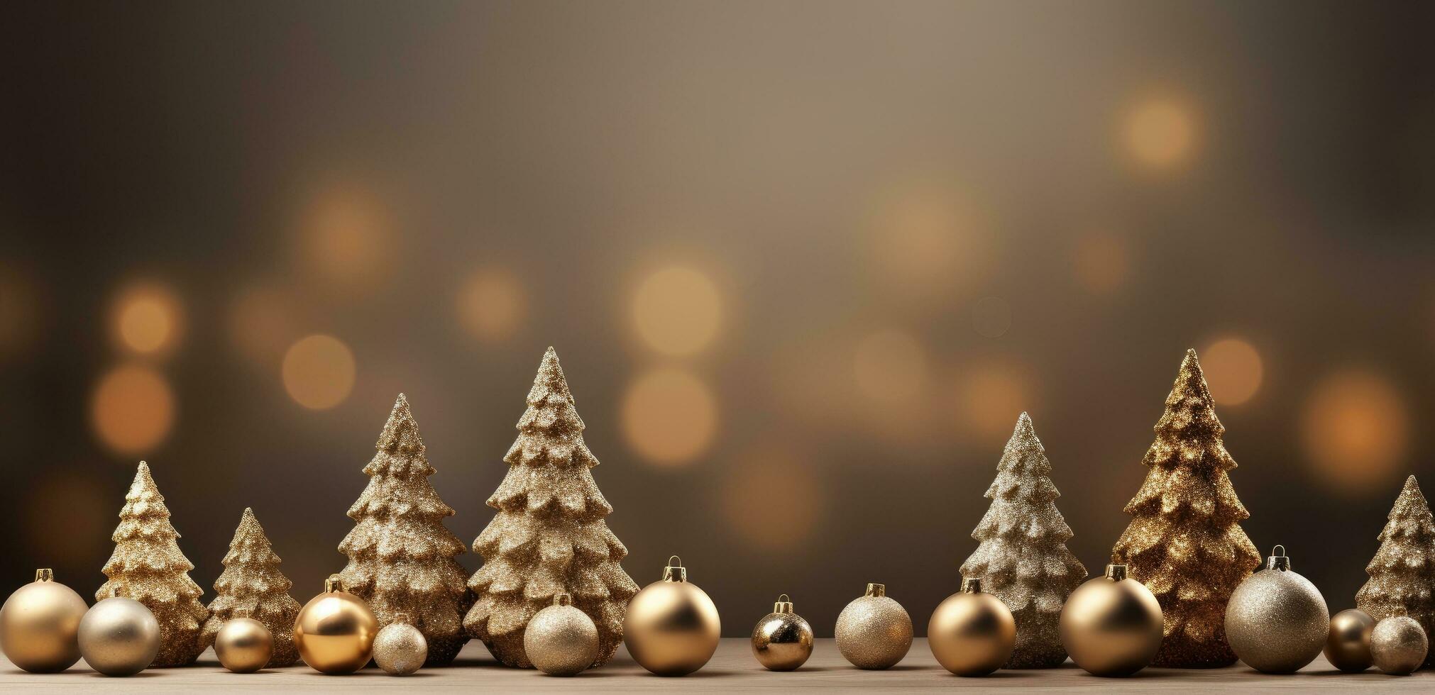 AI generated a christmas tree and gold balls on a wooden table photo