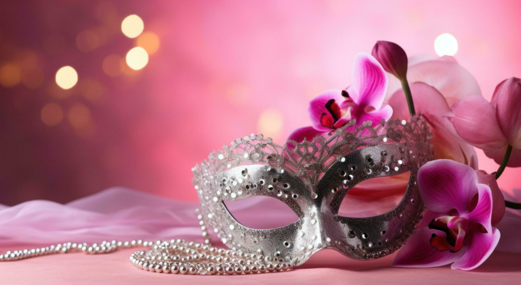 AI generated orchid mask in flower vase on pink background, pearls, and beads photo