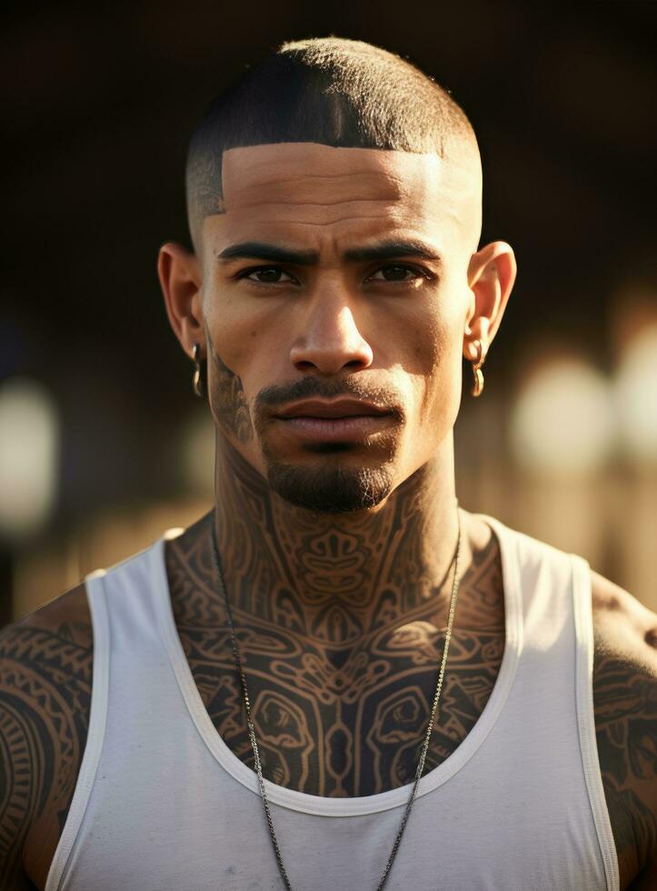 AI generated a man with tattoos is standing in an urban setting photo