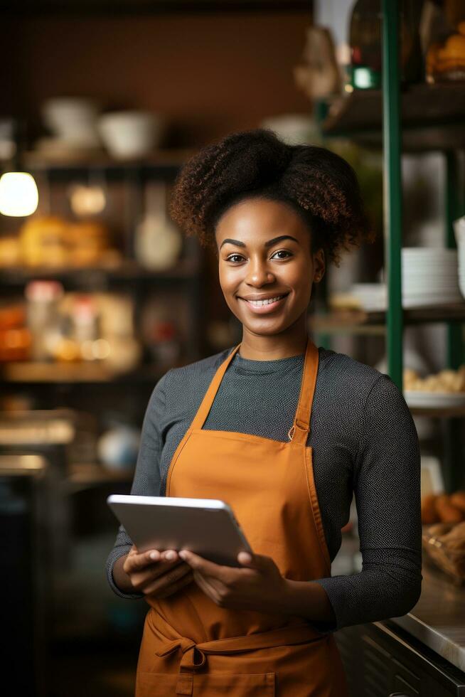 AI generated small business owner using a tablet to process a payment at their shop's checkout counter. photo