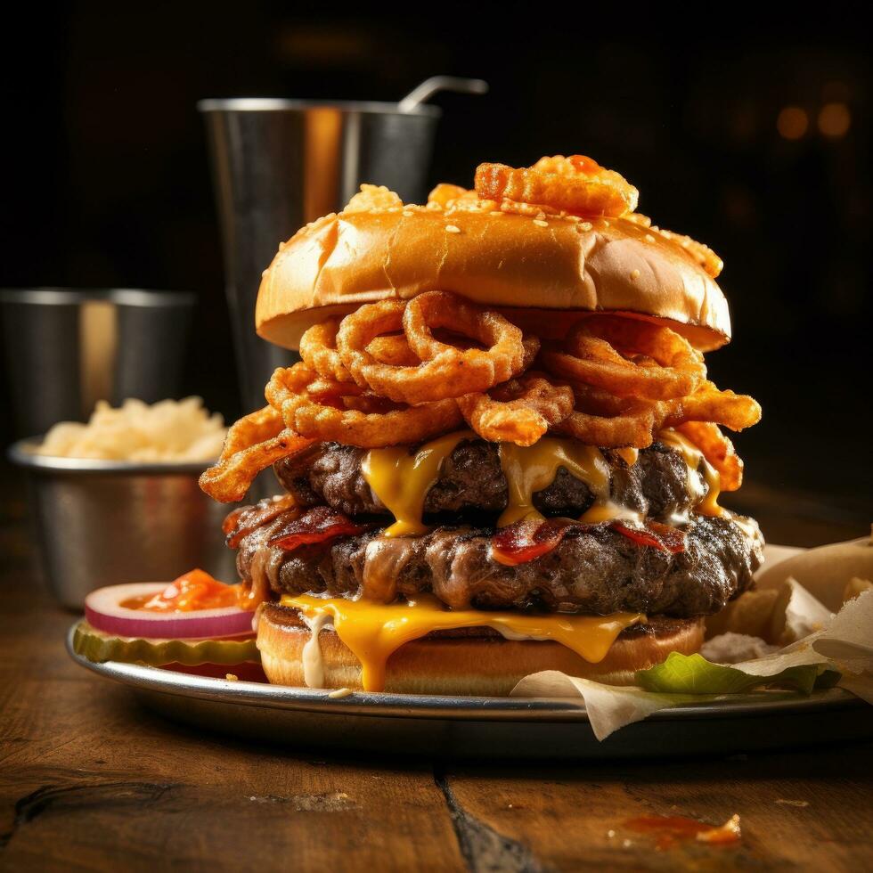 AI generated A mouth-watering image of a juicy hamburger piled high with lettuce, tomato, and cheese photo