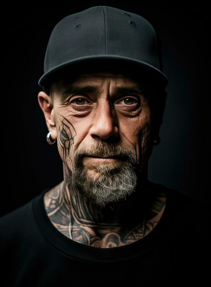 AI generated a man with tattoos and a black cap photo