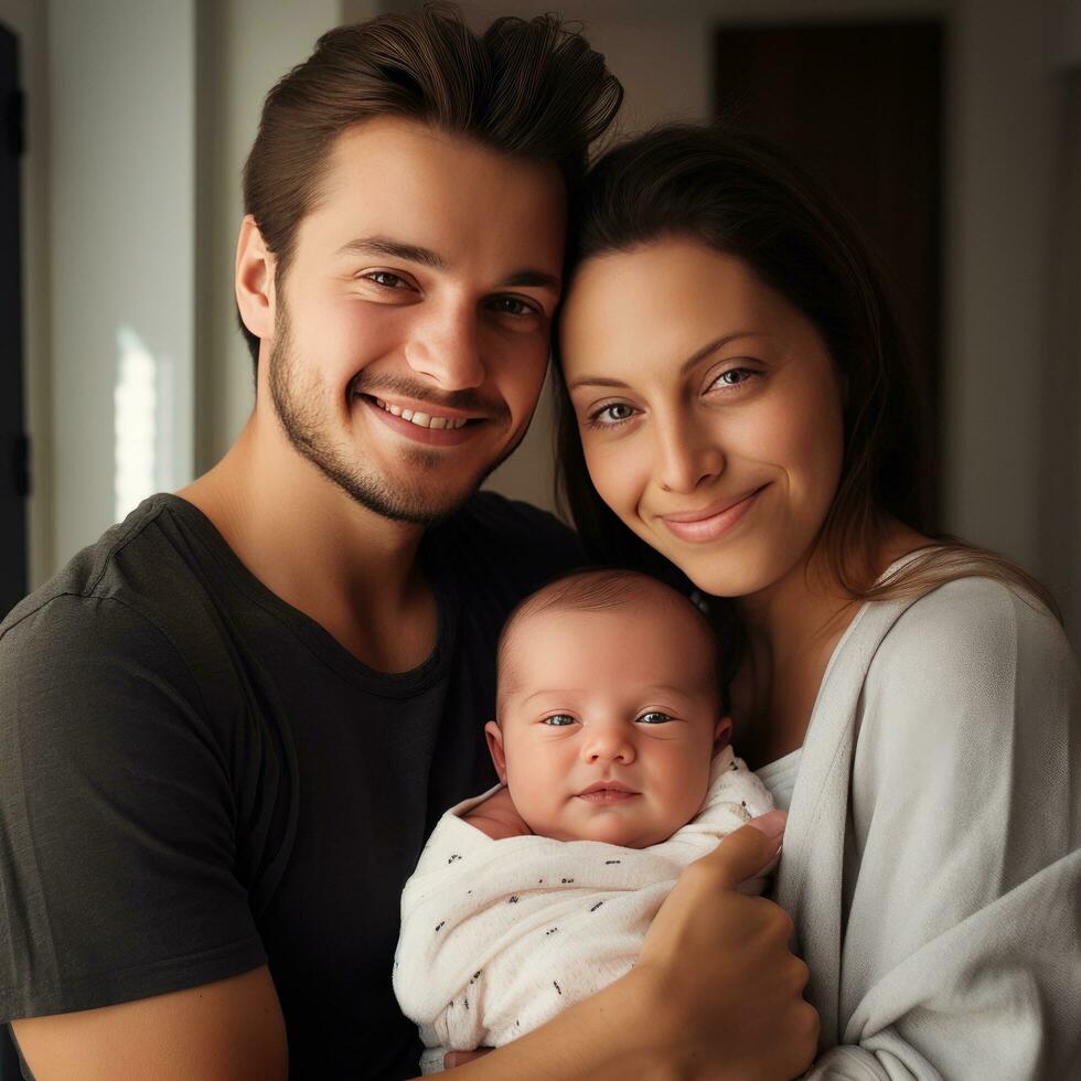 AI generated a happy couple holding their newborn baby, symbolizing the joy of welcoming a new child photo