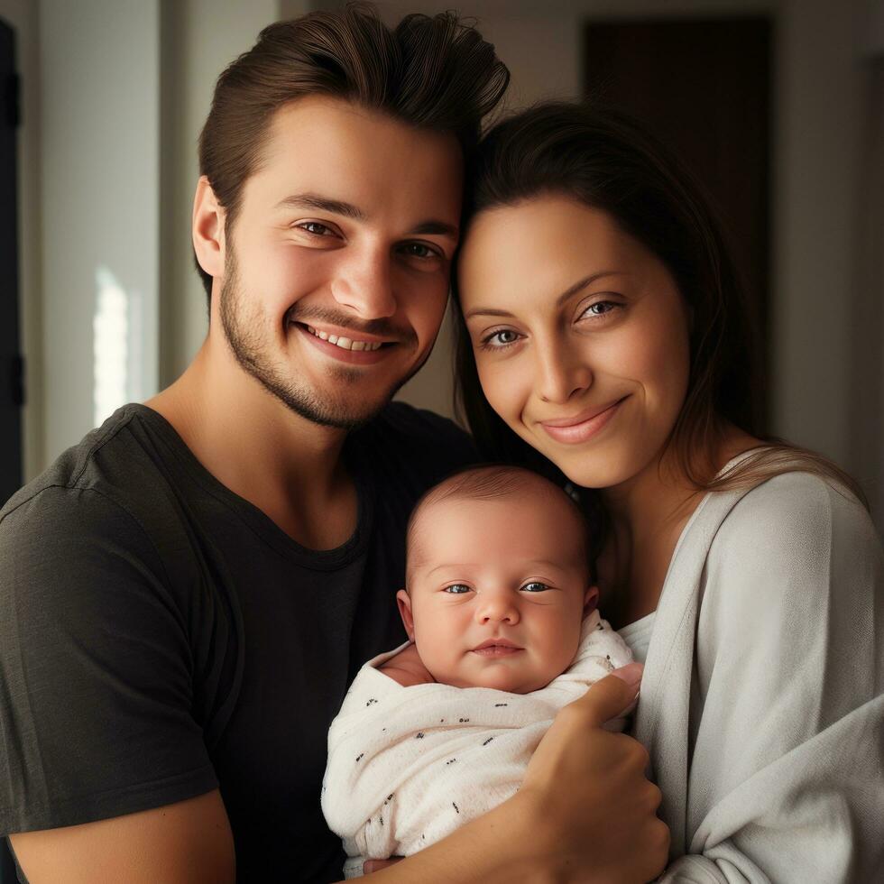 ai generado un contento Pareja participación su recién nacido bebé, simbolizando el alegría de acogedor un nuevo niño foto