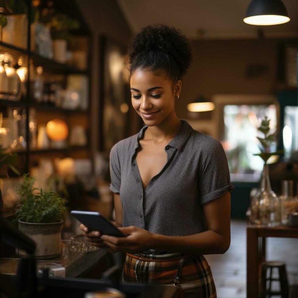 AI generated small business owner using a tablet to process a payment at their shop's checkout counter. photo