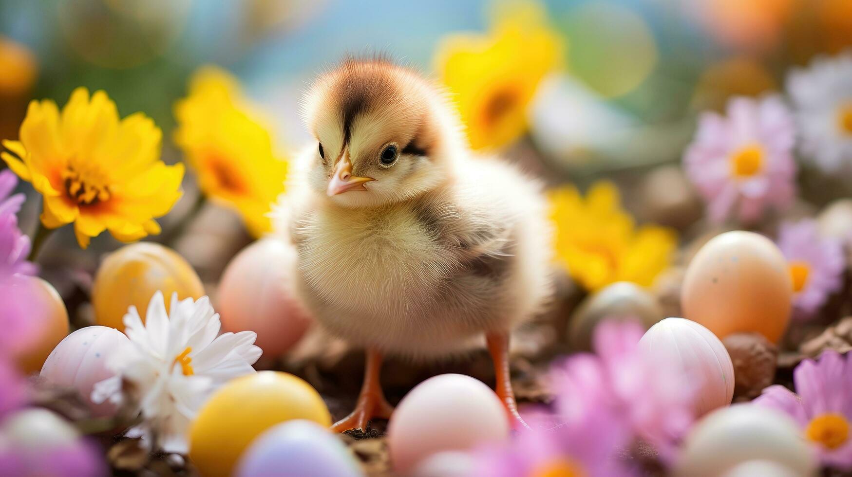 AI generated a cute chick hatching out of a speckled egg photo