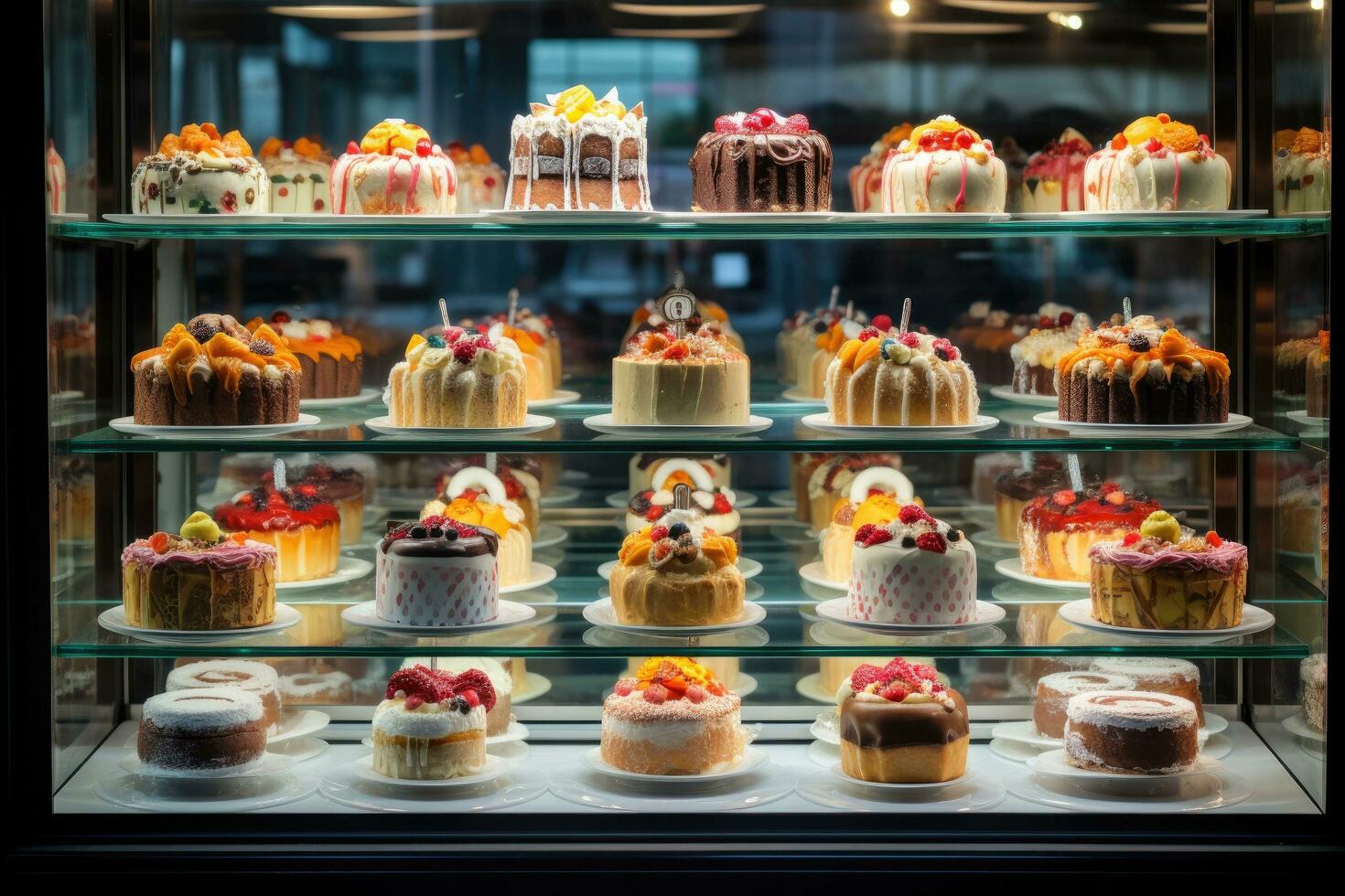 AI generated a long display of cakes in a glass cabinet photo