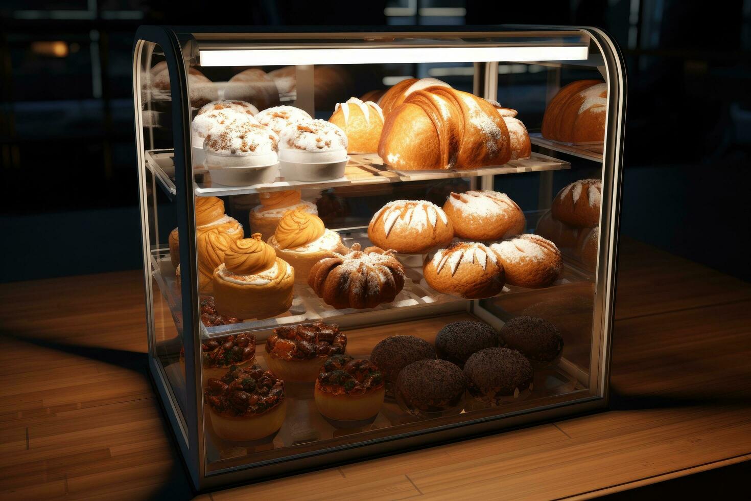 AI generated pastries in a display case, photo