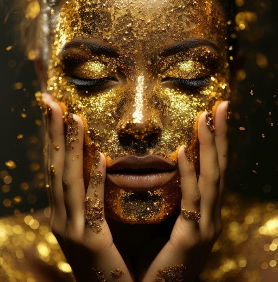 AI generated a female with gold glitter covering her face photo