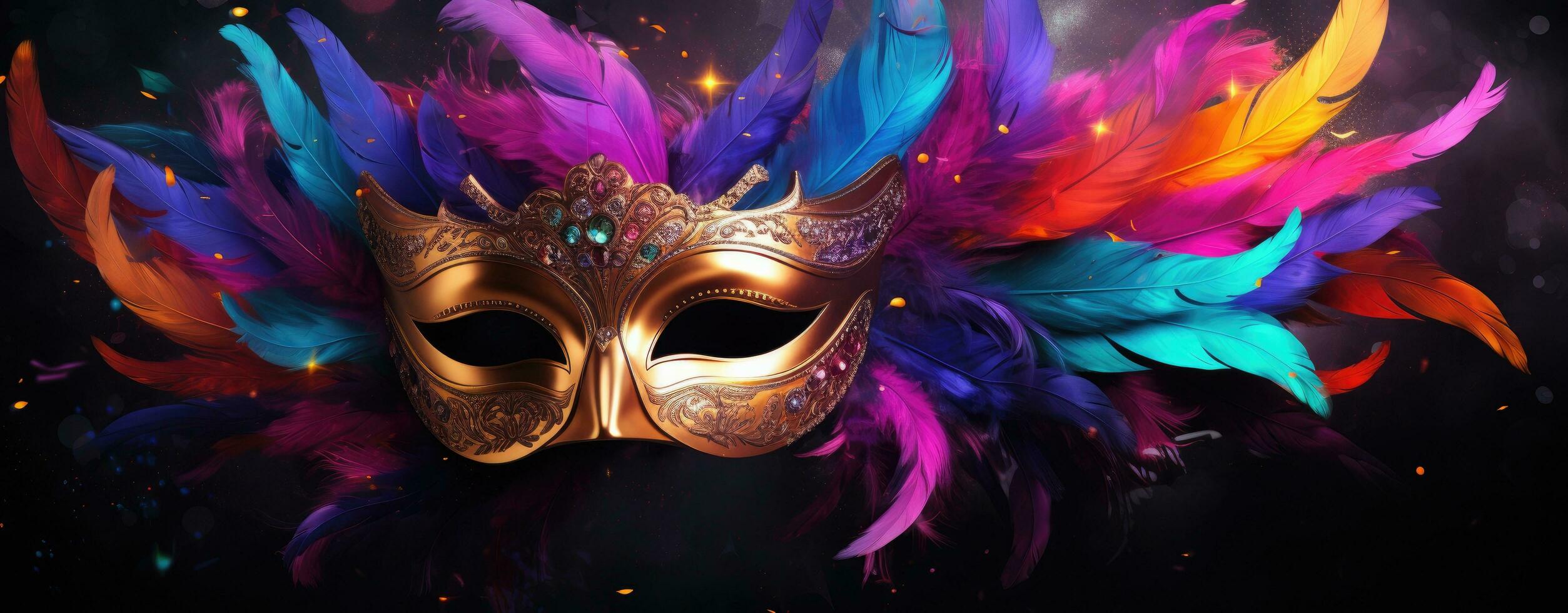 AI generated a colorful carnival mask with feathers on a black background photo