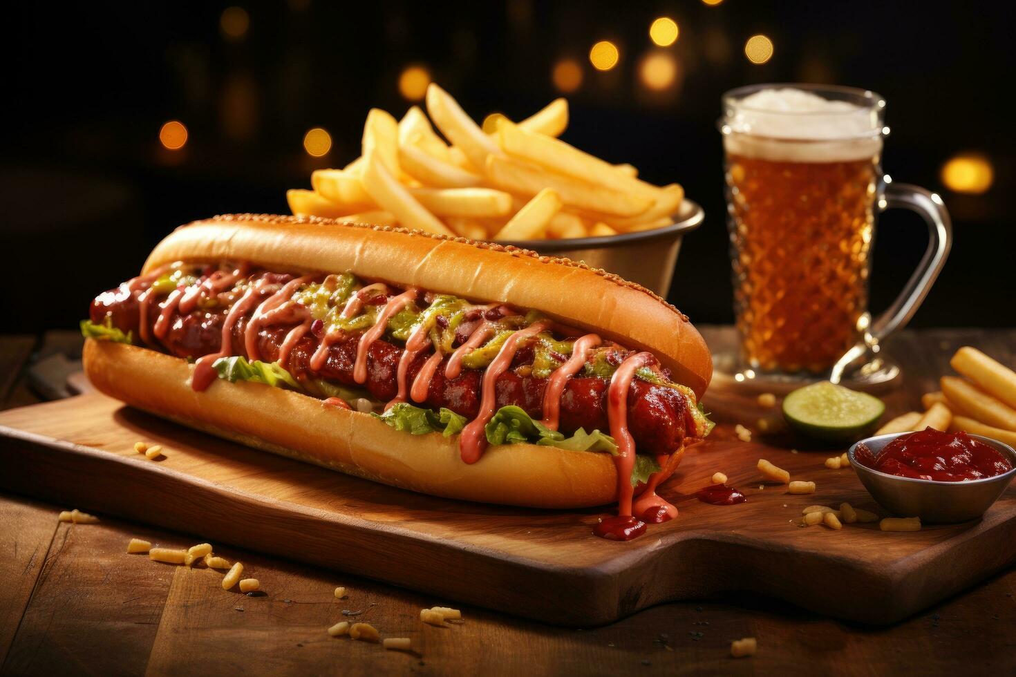 AI generated A closeup shot of a delicious hot dog covered in ketchup