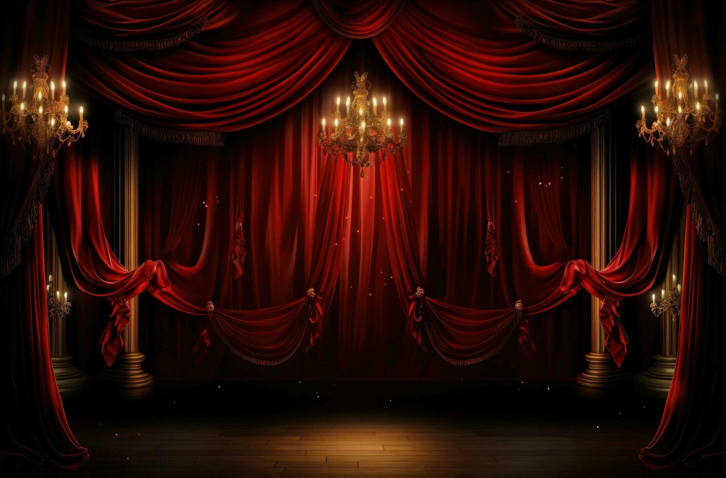 AI generated red curtains and a chandelier on a stage photo
