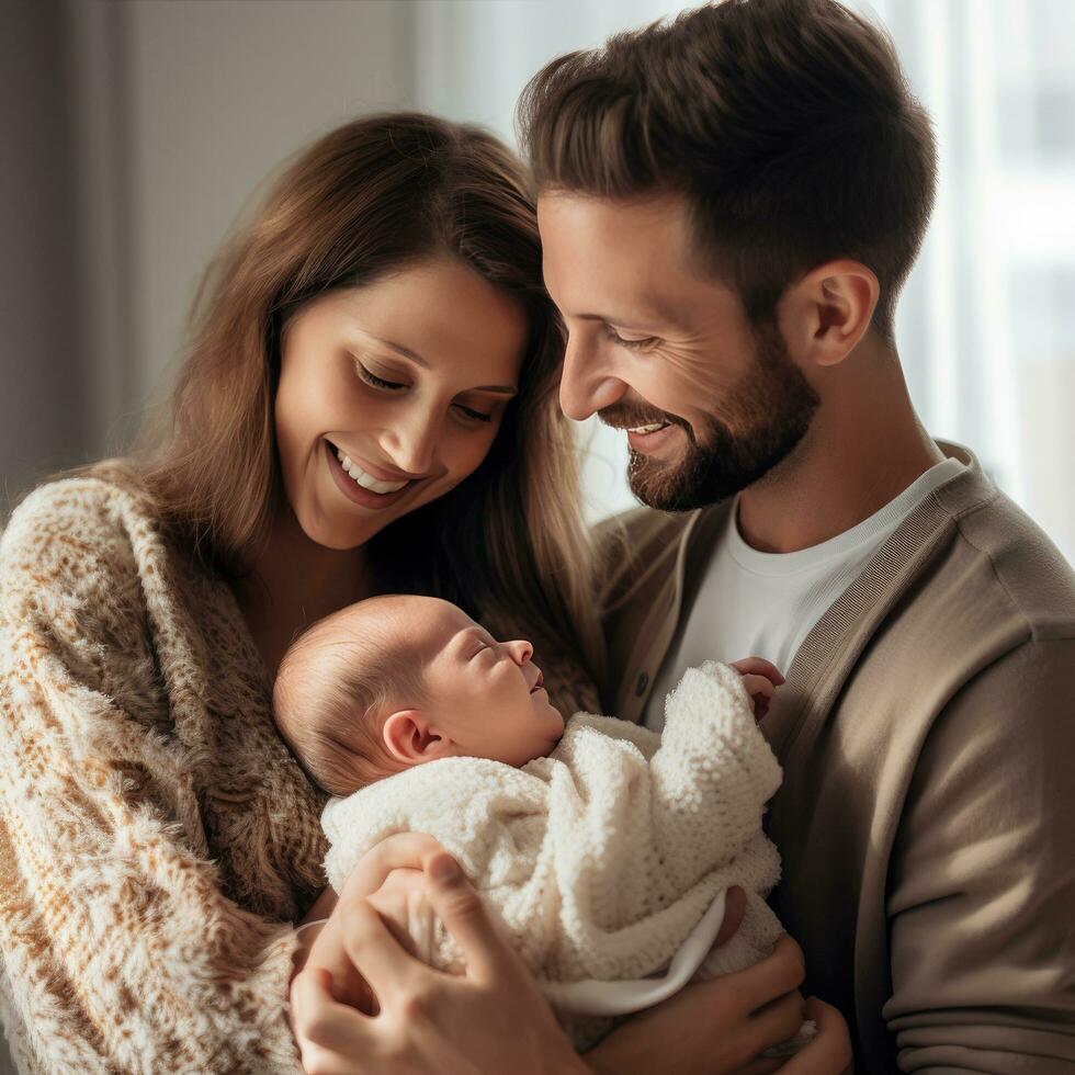 ai generado un contento Pareja participación su recién nacido bebé, simbolizando el alegría de acogedor un nuevo niño foto