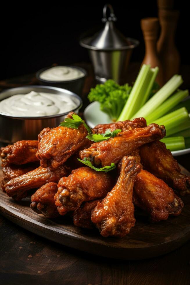 AI generated crispy fried chicken wings, served with a side of creamy blue cheese dressing and celery sticks photo