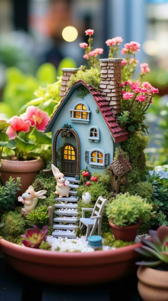 AI generated A whimsical image of a fairy garden, complete with miniature houses, flowers, photo