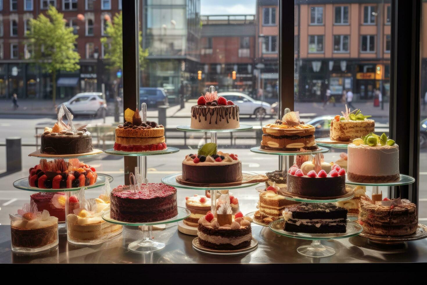 AI generated a window display of a variety of cakes, photo