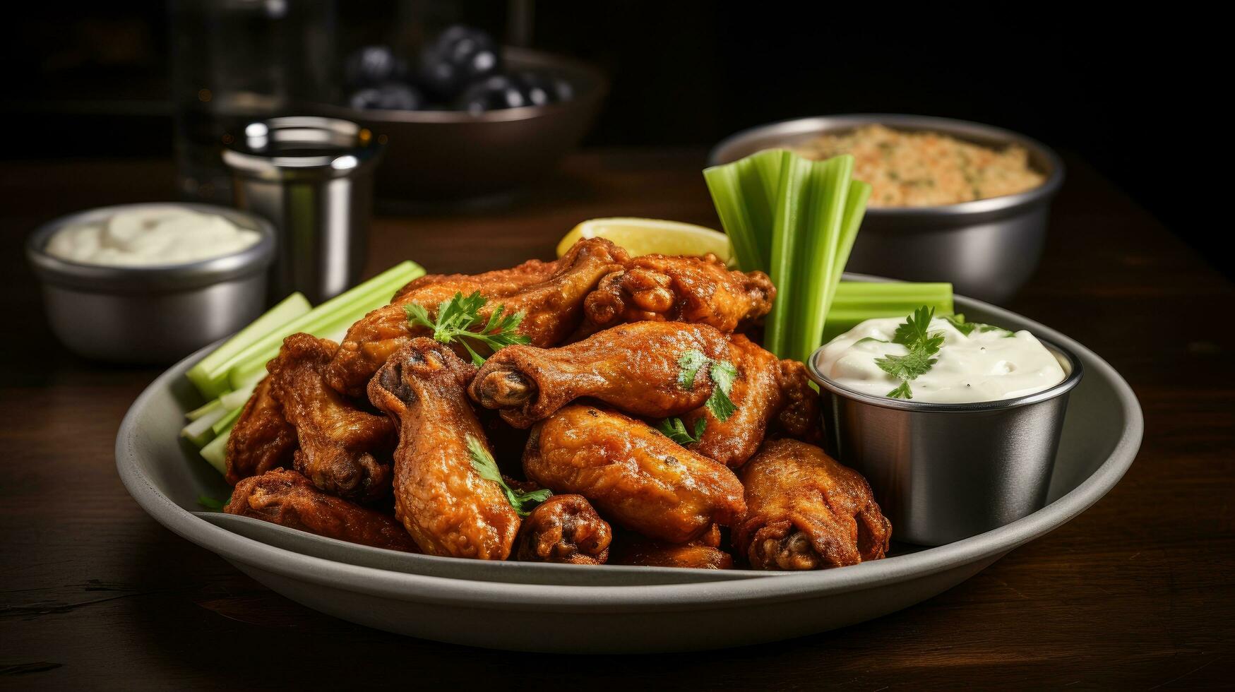 AI generated crispy fried chicken wings, served with a side of creamy blue cheese dressing and celery sticks photo