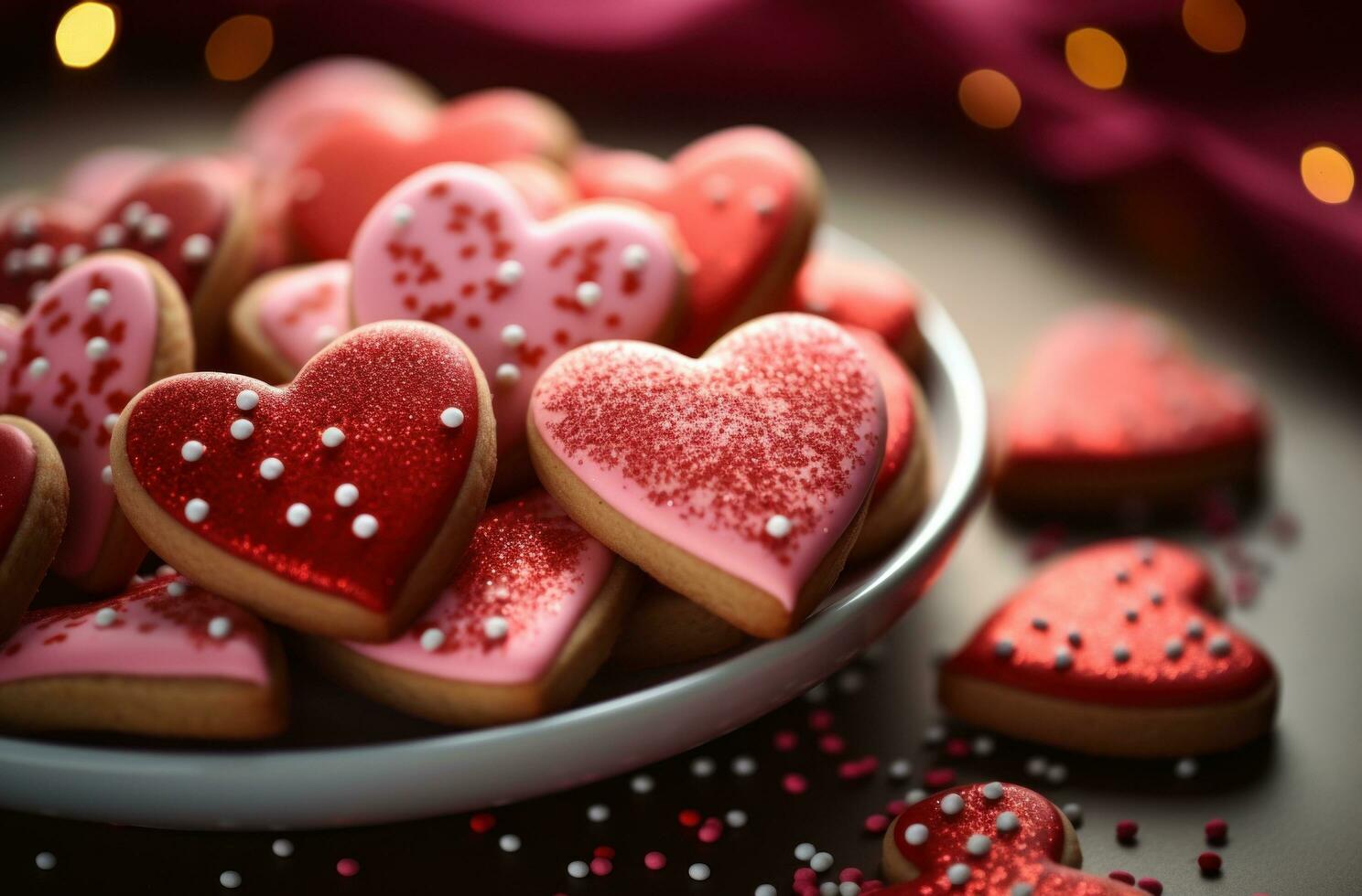 AI generated beautiful heart shaped cookies are piled up on a plate photo