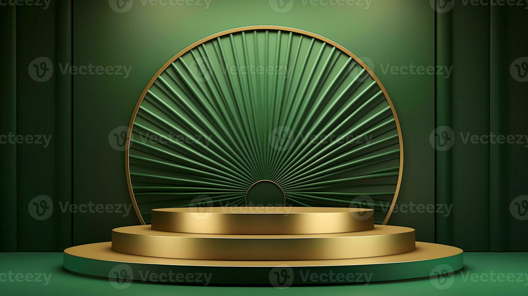 AI generated 3D render. Green and golden round stage, pedestal or podium in studio with green decorative fans. photo