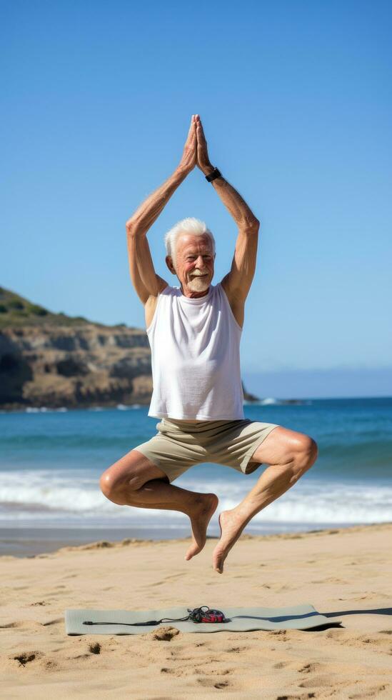 AI generated A man in his 80s practices yoga on a beach, with the ocean in the background photo
