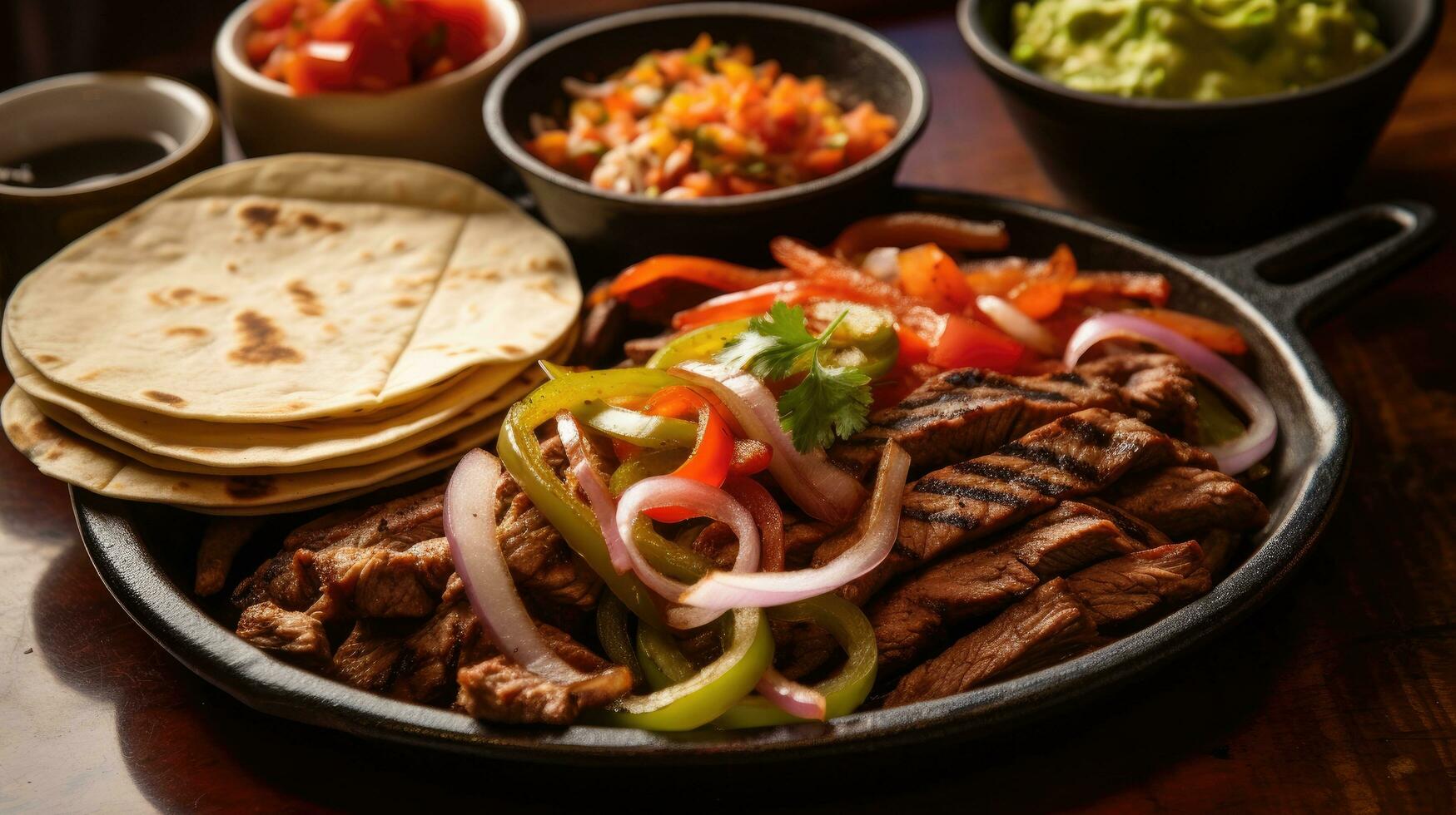 ai generado un apetitoso foto de un candente plato de fajitas, servido con calentar tortillas, Fresco pico Delaware gallo