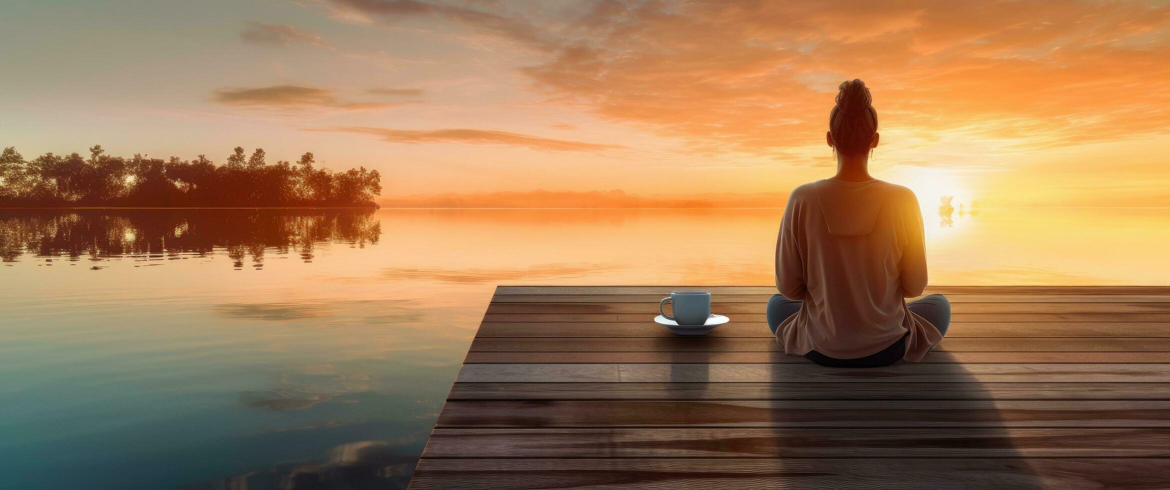 AI generated a woman is sitting on a dock with a cup of coffee in front of a sunrise photo