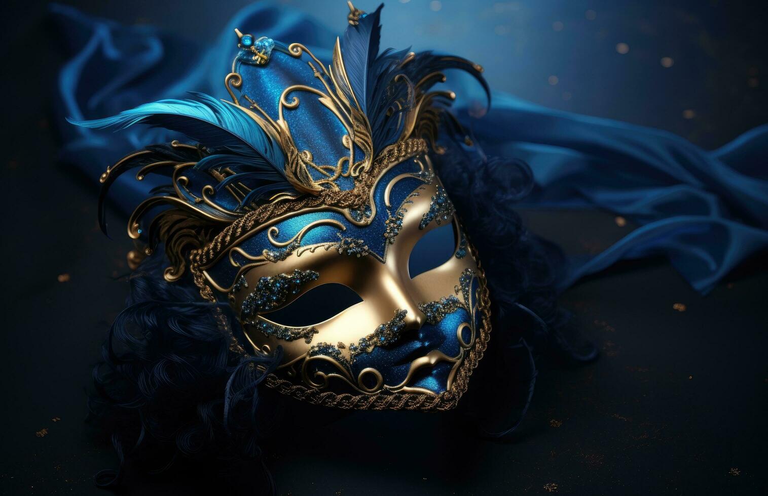 AI generated an elegant blue masquerade mask on a blue background photo