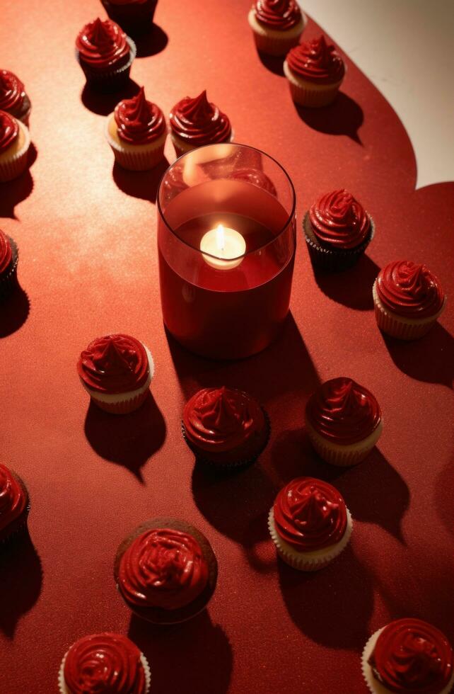 AI generated cupcakes in red velvet heart shape on table photo