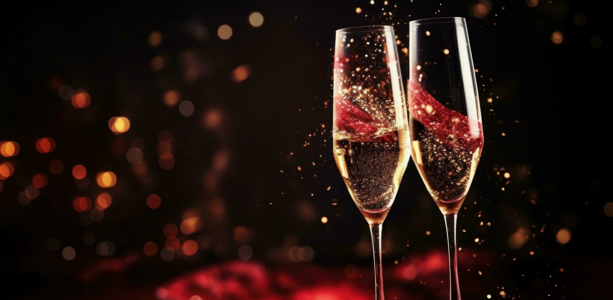 AI generated a pair of champagne glasses on a red night background photo