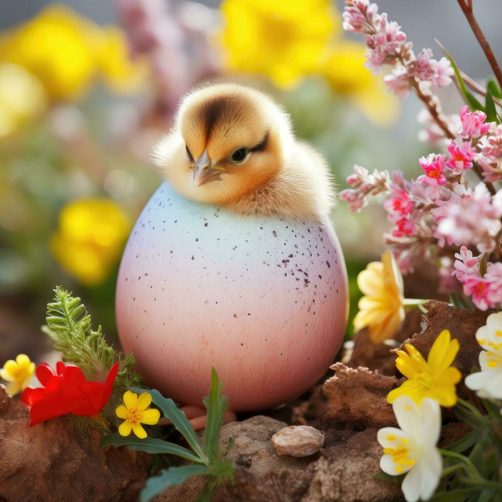 AI generated a cute chick hatching out of a speckled egg photo