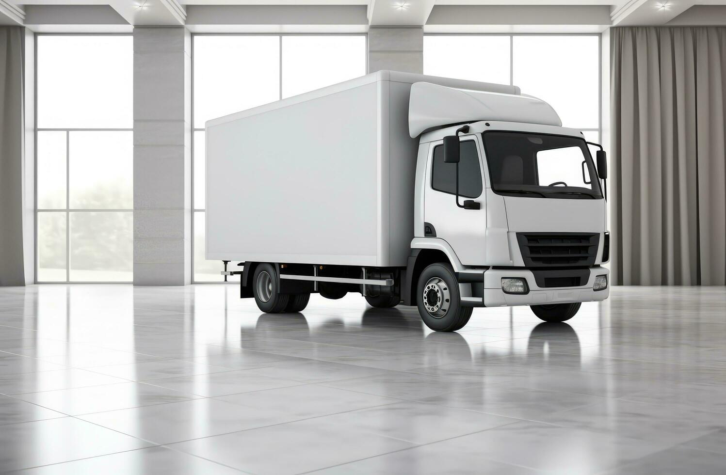 AI generated a white delivery truck on a gray floor, photo