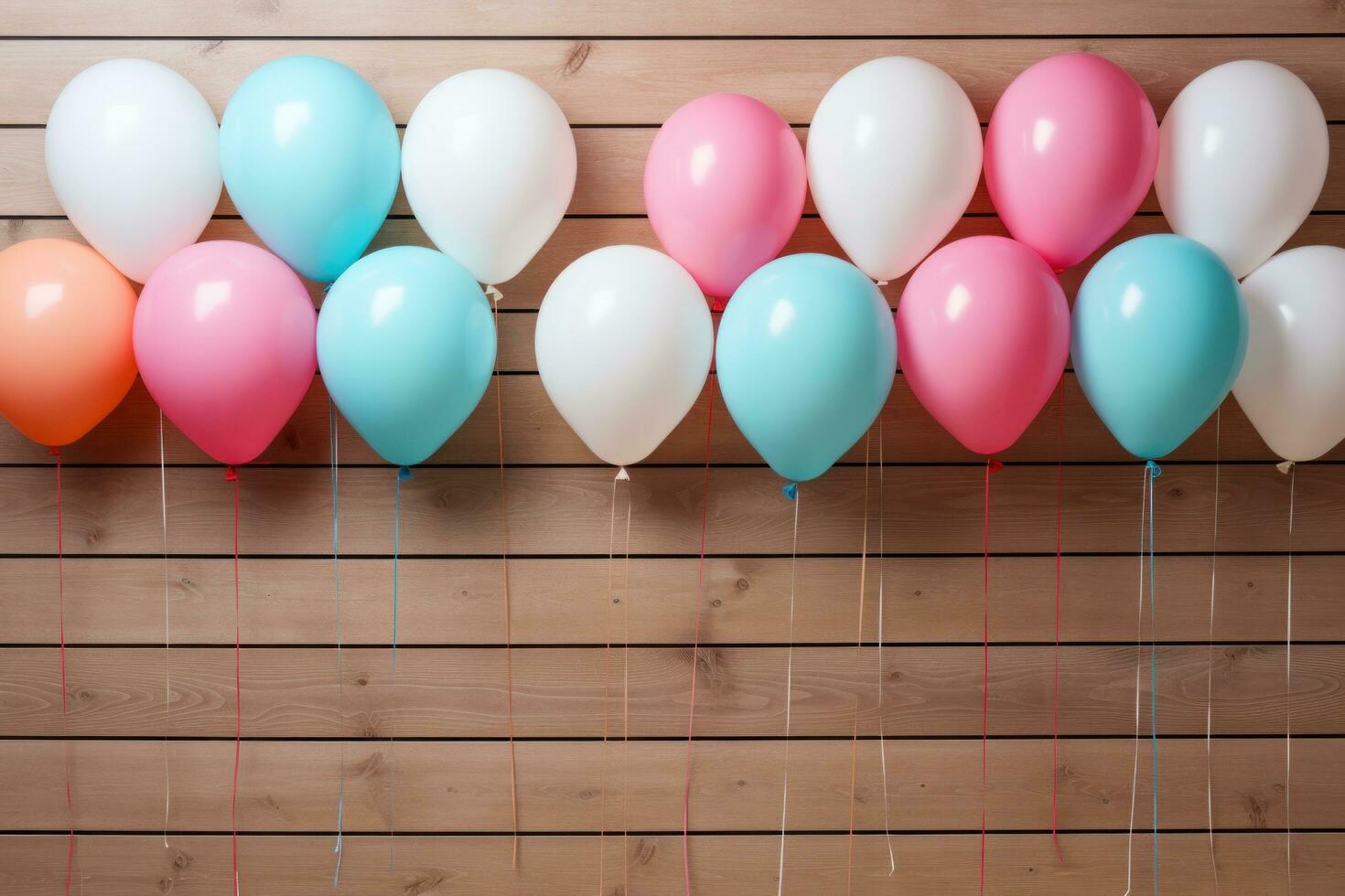 AI generated a colorful group of balloons on wood, photo