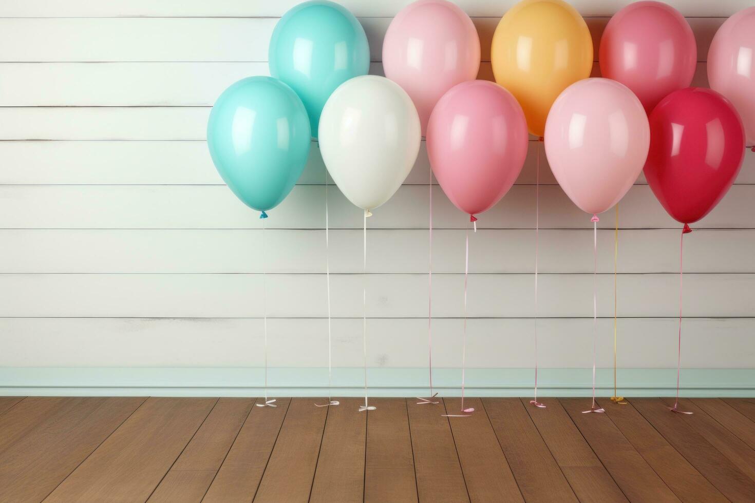 AI generated a colorful group of balloons on wood, photo