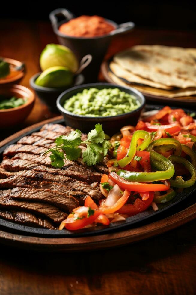 AI generated An appetizing photo of a sizzling plate of fajitas, served with warm tortillas, fresh pico de gallo