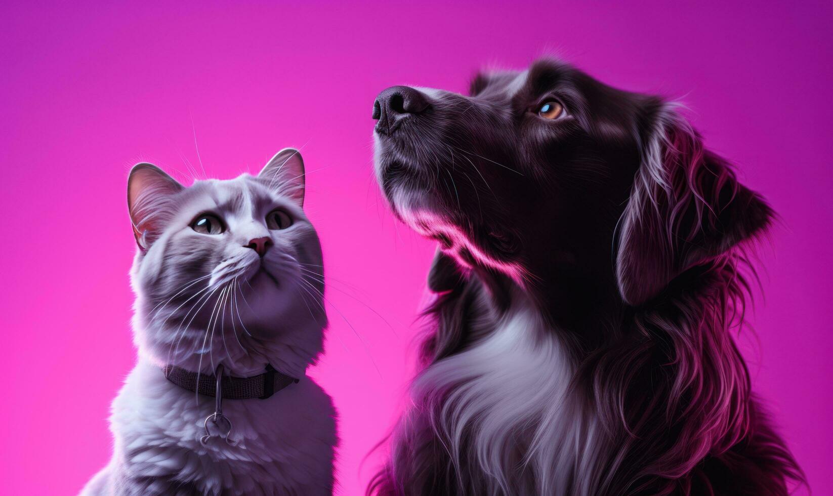 AI generated a dog and cat standing on a purple background, photo