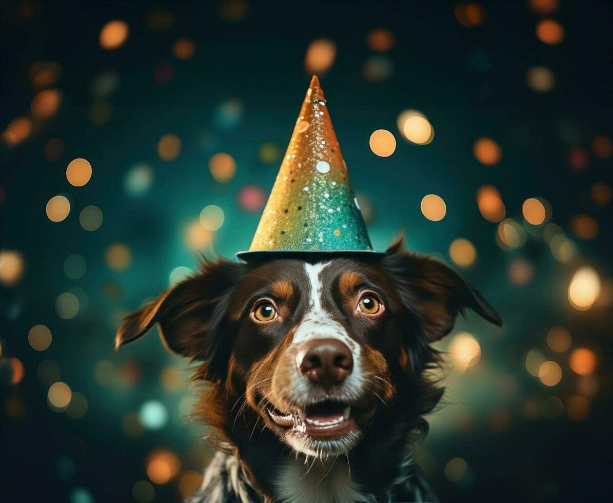ai generado un perro en pie en un fiesta sombrero con rojo y amarillo arco en el medio, foto