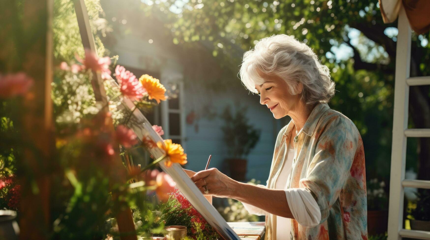 AI generated A woman in her 70s paints a landscape scene on a canvas in her backyard photo