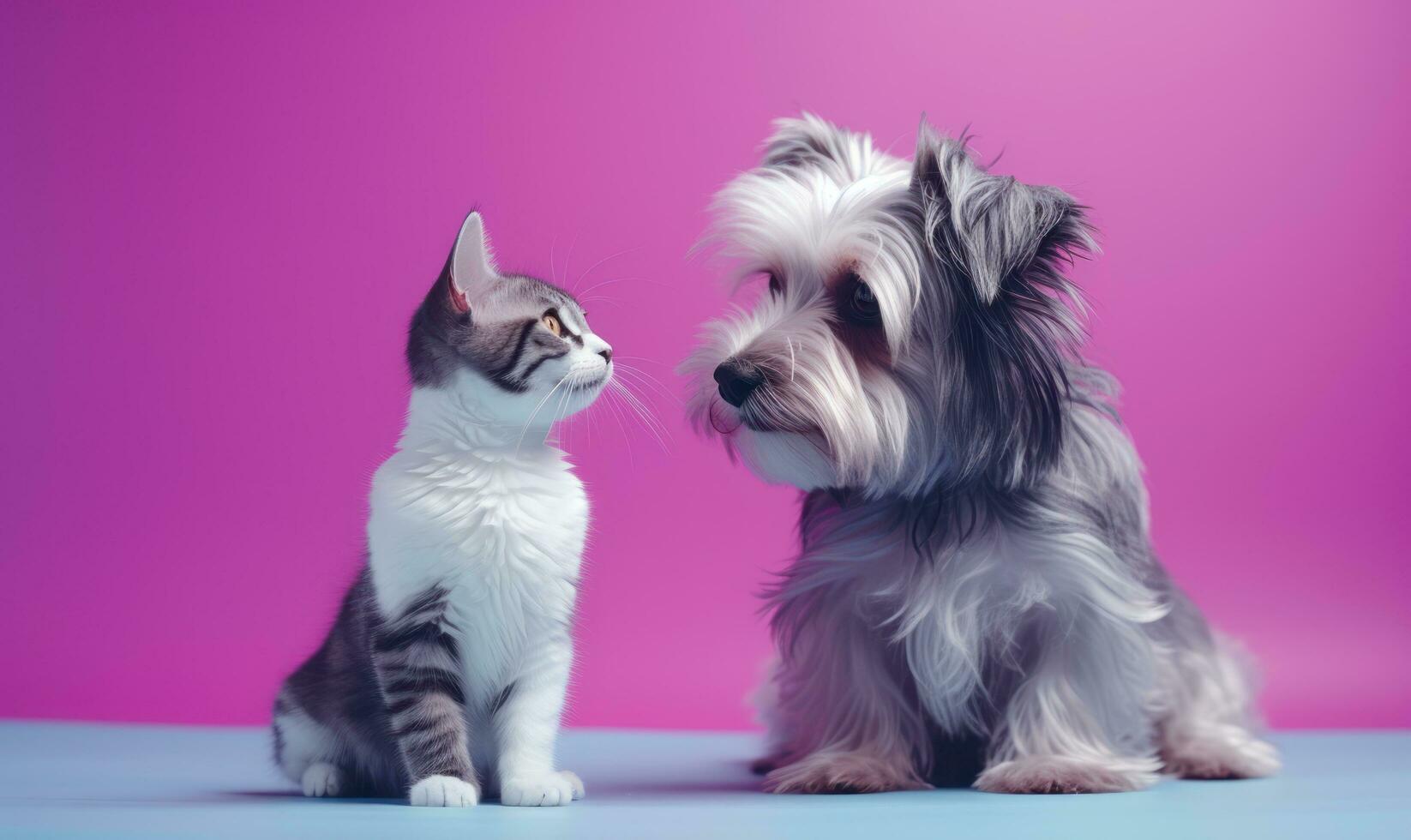 AI generated a dog and cat standing on a purple background, photo