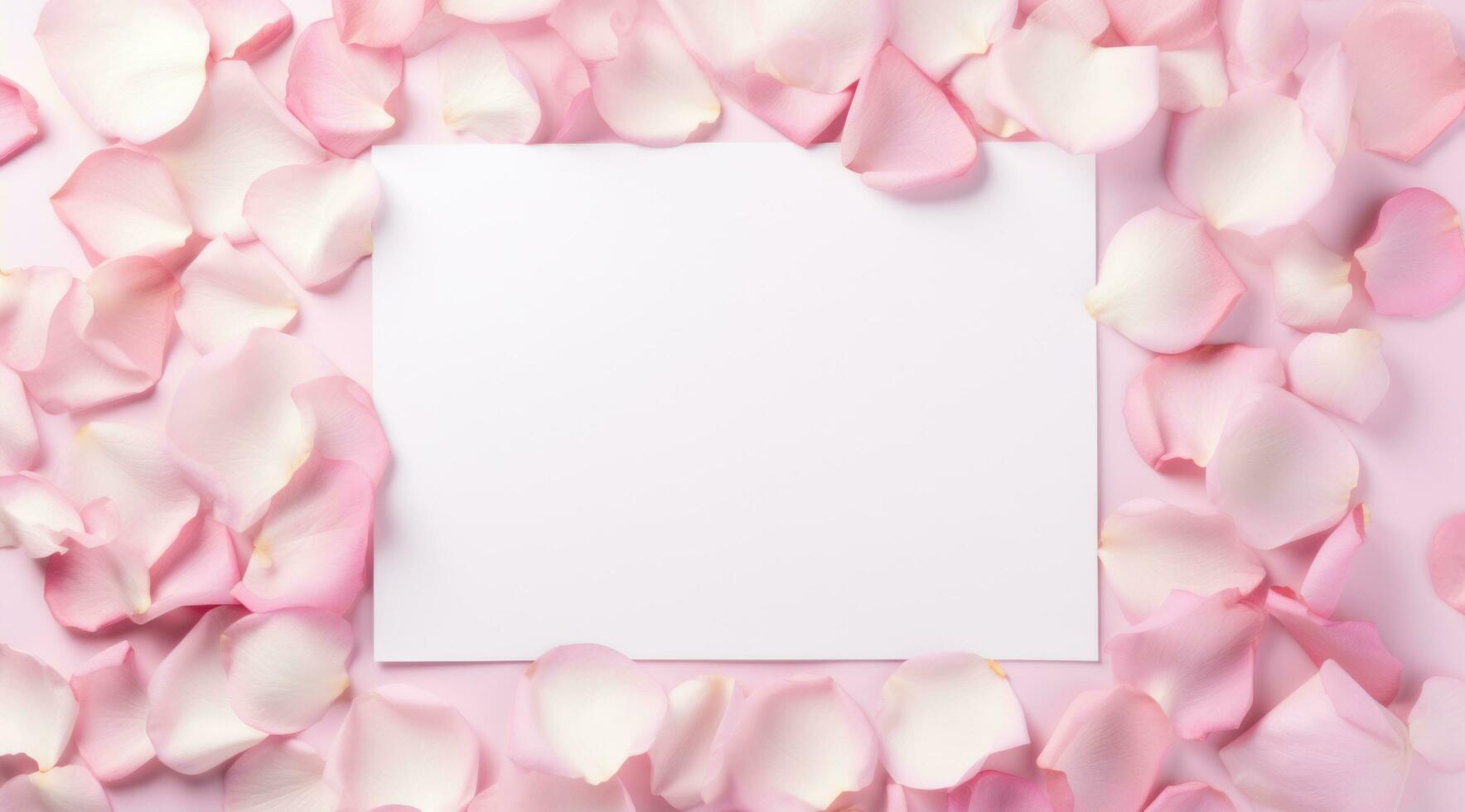 ai generado un blanco blanco pedazo de papel rodeado por rosado Rosa pétalos foto