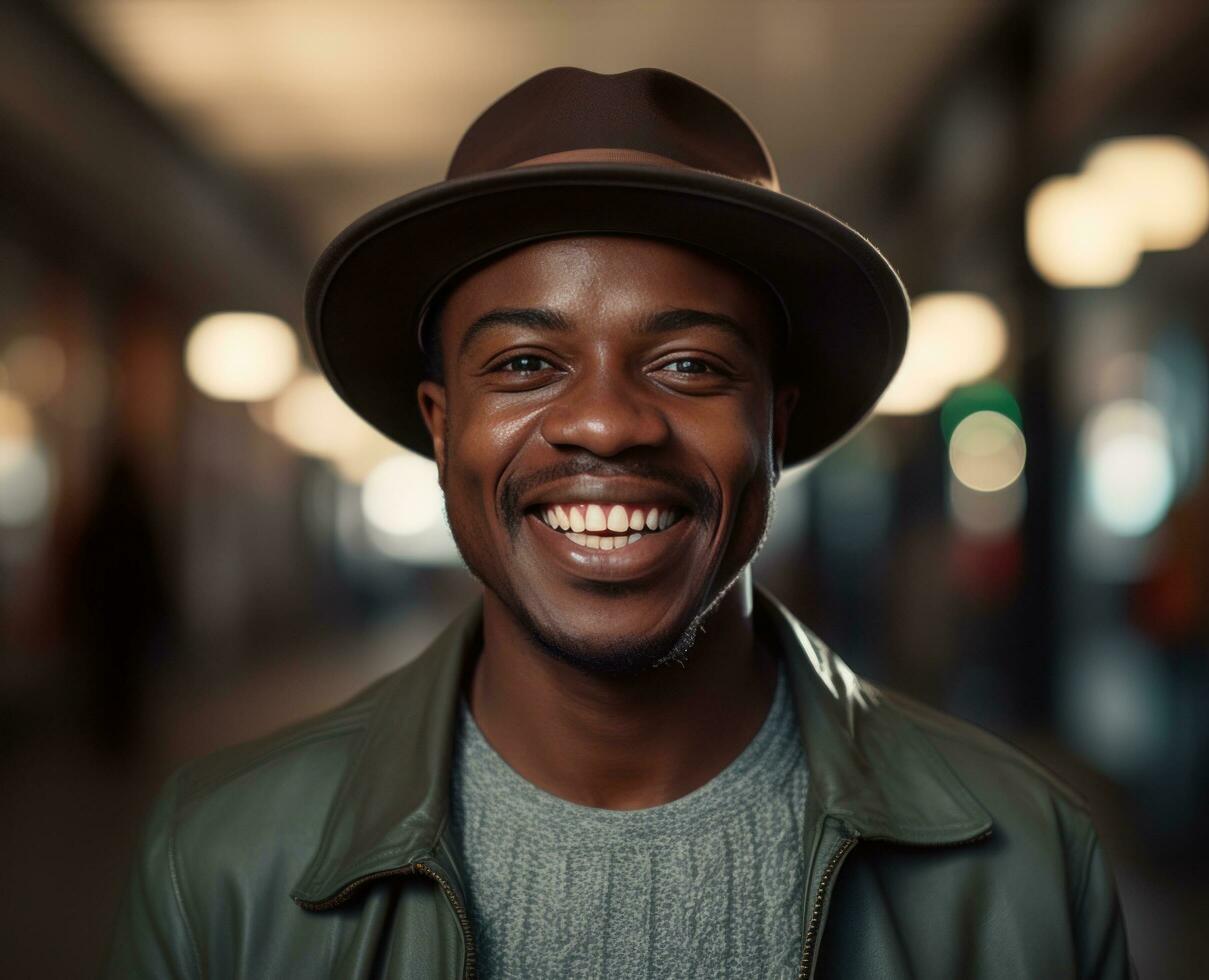 AI generated a black man in a hat faces up to the camera and tries to smile photo