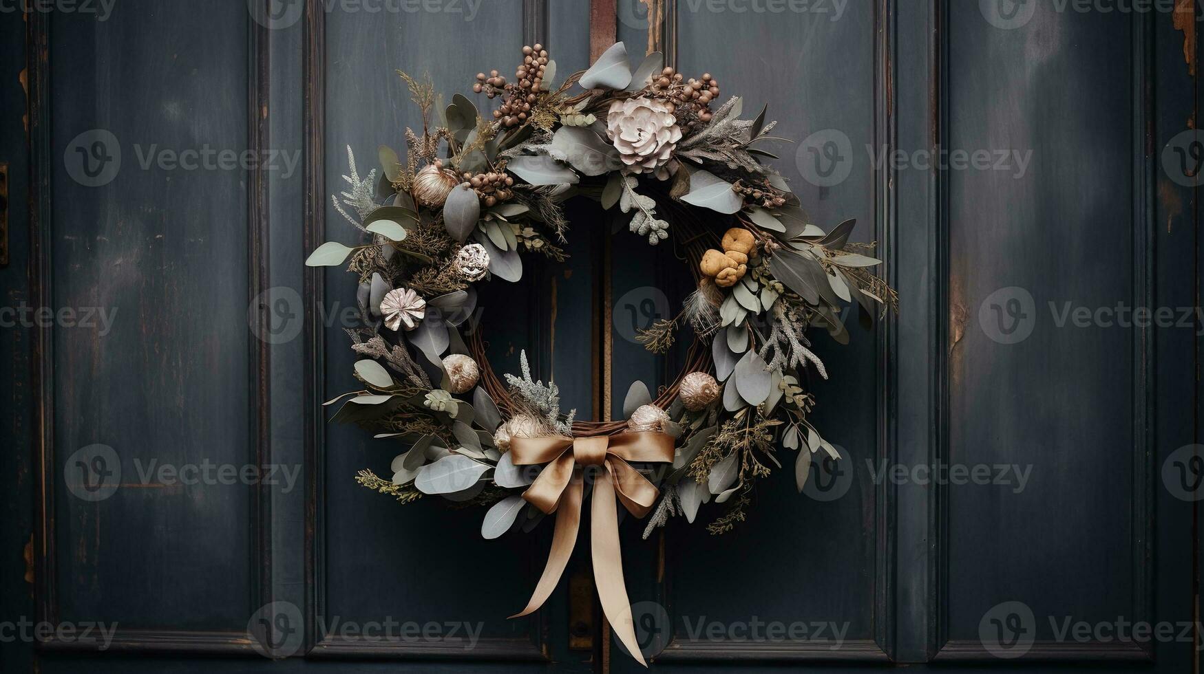 AI generated Generative AI, Close up Christmas wreath, dried branches, red berries, pine, balls and flowers on dark moody floral textured background. photo