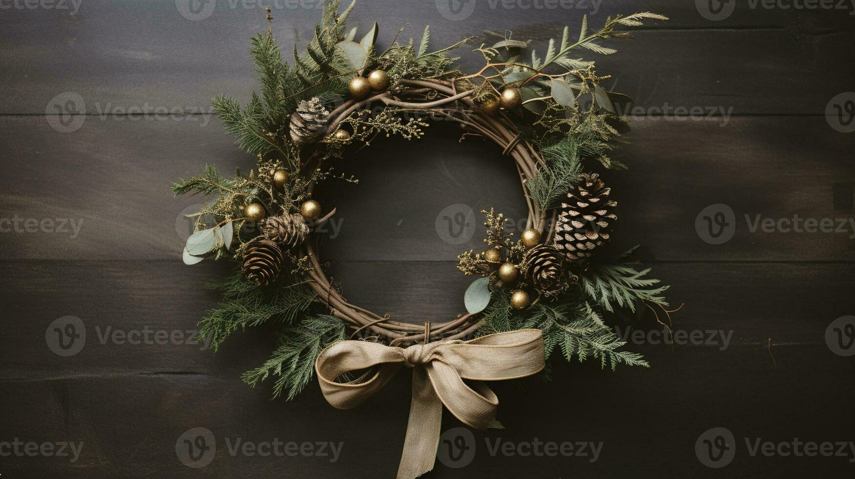 AI generated Generative AI, Close up Christmas wreath, dried branches, red berries, pine, balls and flowers on dark moody floral textured background. photo