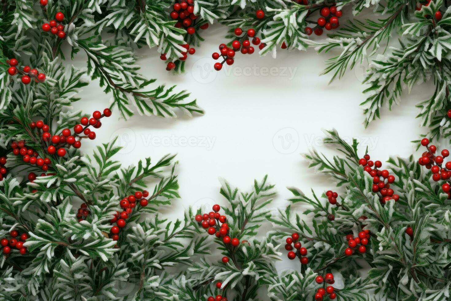 AI Generated fir branches with green and red berries photo