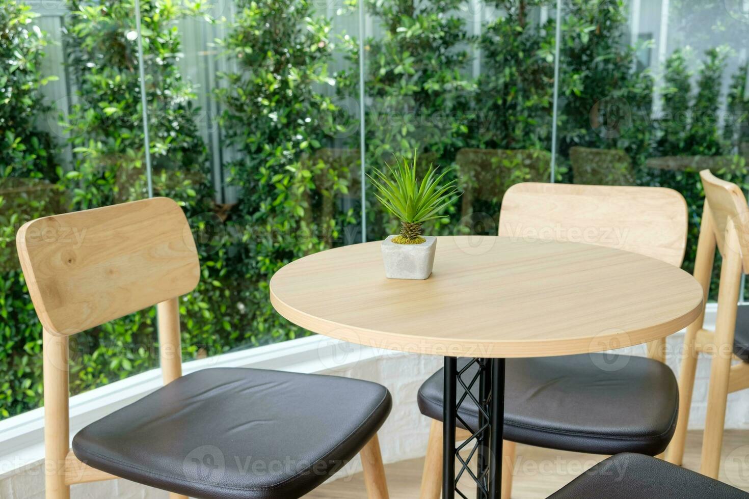 Table with chairs decorative garden in coffee shop photo