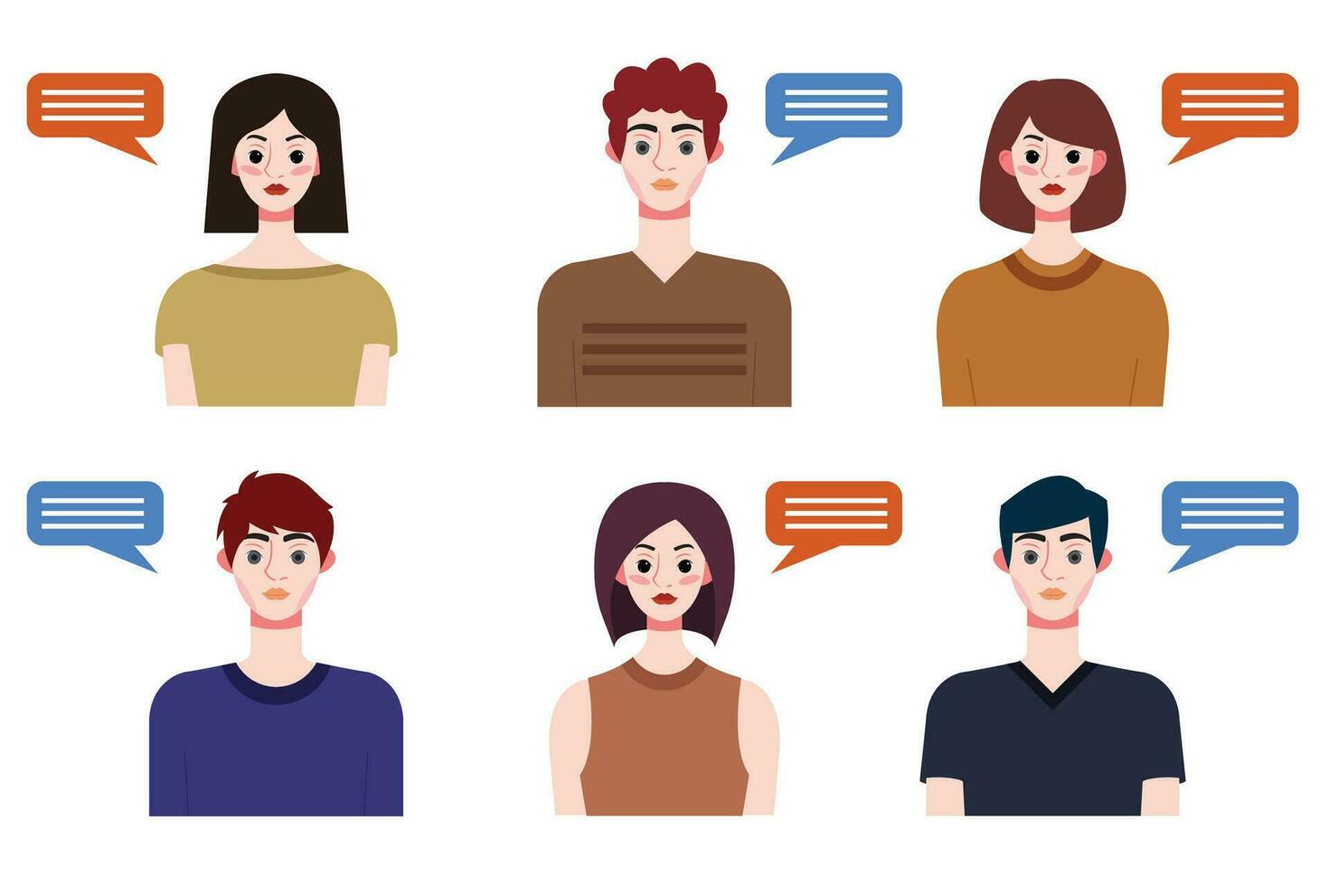 Set of young people avatars with speech bubbles. Vector illustration.