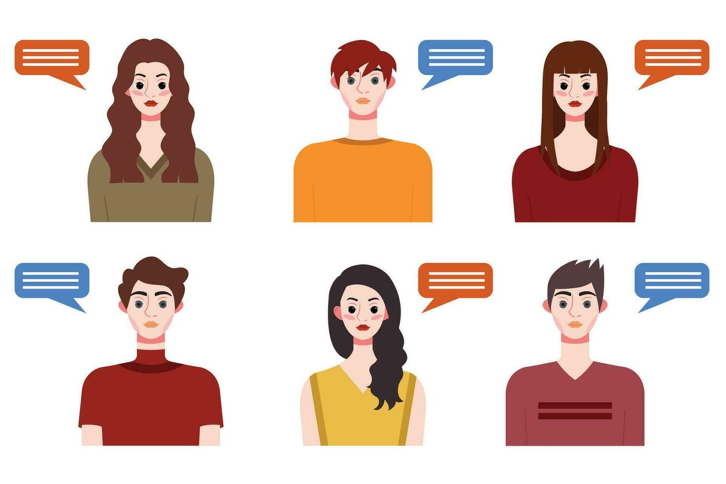 Set of young people avatars with speech bubbles. Vector illustration.